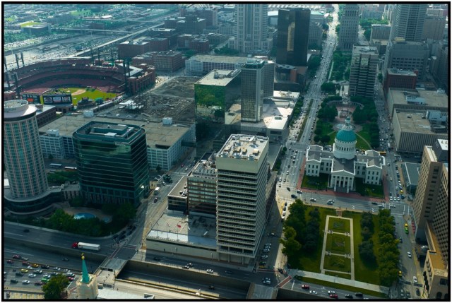 View of downtown St. Louis. Busch stadium on the left. The old Capital building on the right.