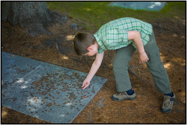 Adam: I wanted to visit Ernest Hemingway's grave at the Ketchum cemetery. As a tribute, I left one of the Chinese 1 Yuan coins that ended up in my change basket from some transaction in Yellowstone. (By the way, we were often the only Occidentals within 100 mile radius there..) The coin is about quarter sized and I had spent several days trying to sneak it back into circulation (car wash, candy machine) without success. Now, it rests with Ernest. Holden is adding to the penny stack.
