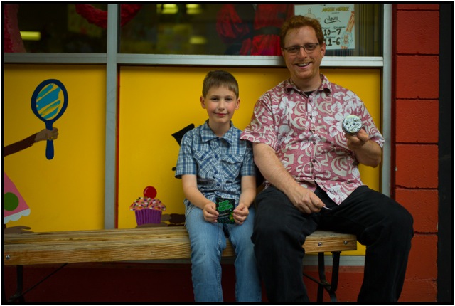 The "boys" showing off their newly purchased toys from Archie McPhee's (novelty shop) in Wallingford.