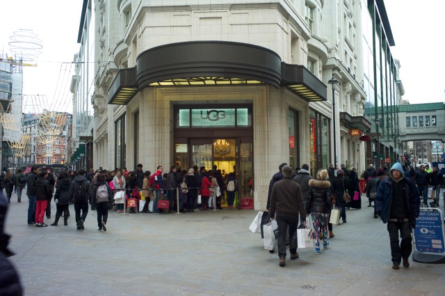 Crazy line of people waiting for their turn at the Ugg store.  